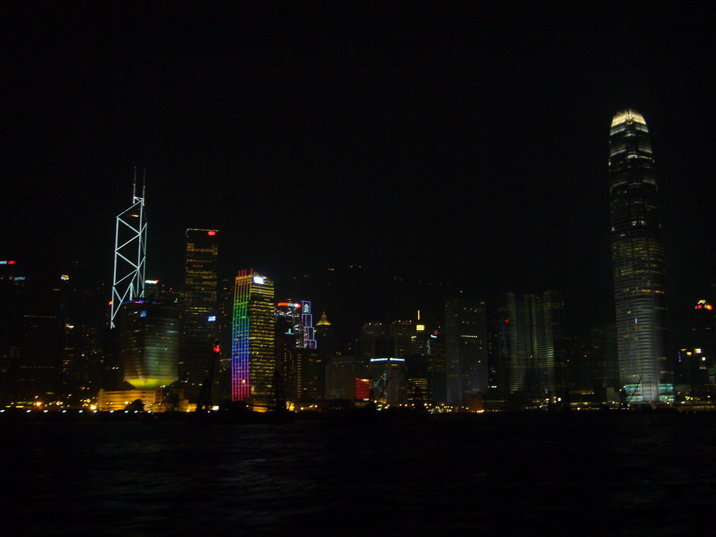 Victoria Harbour and the skyline of Hong Kong with the Bank of China Tower and the Two International Finance Centre, viewed from the Star Ferry from Kowloon to Hong Kong Island, by night