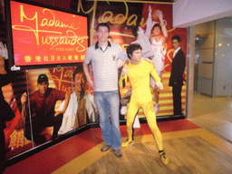Tim with a wax statue of Bruce Lee at the entrance to the Madame Tussauds museum at Peak Tower