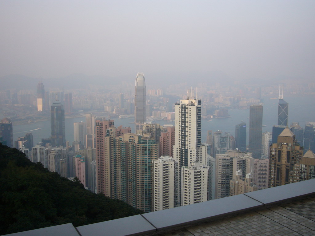 The skyline of Hong Kong and Kowloon with the International Commerce Centre, under construction, the Two International Finance Centre and the Bank of China Tower, and Victoria Harbour, viewed from Victoria Peak