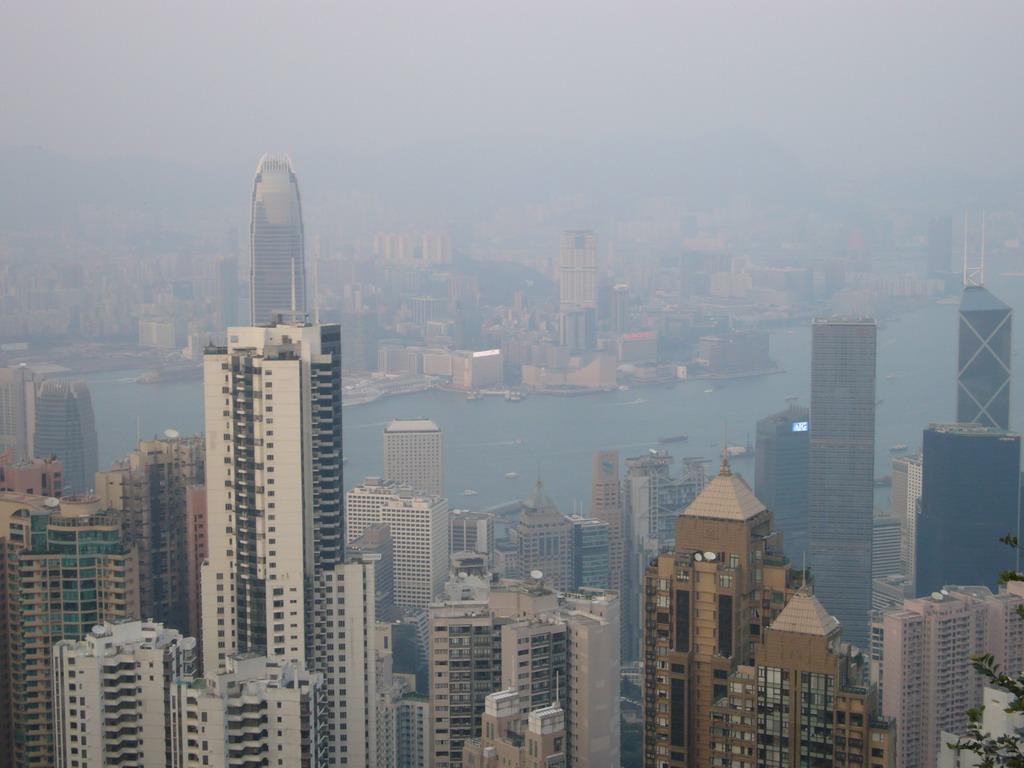 The skyline of Hong Kong and Kowloon with the Two International Finance Centre and the Bank of China Tower, and Victoria Harbour, viewed from Victoria Peak, at sunset