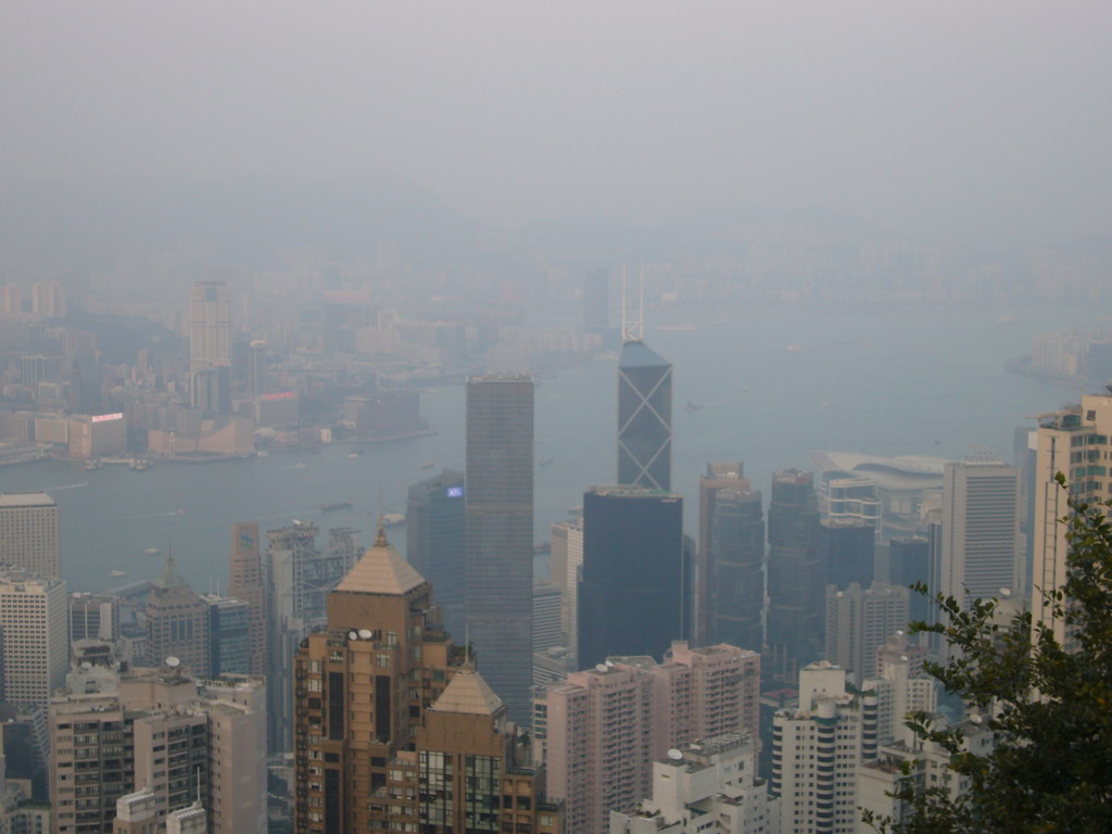 The skyline of Hong Kong and Kowloon with the Bank of China Tower, and Victoria Harbour, viewed from Victoria Peak, at sunset