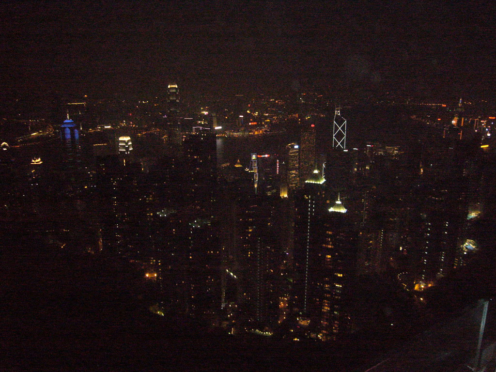 The skyline of Hong Kong and Kowloon with the Two International Finance Centre, the Bank of China Tower and the Central Plaza building, and Victoria Harbour, viewed from Victoria Peak, by night