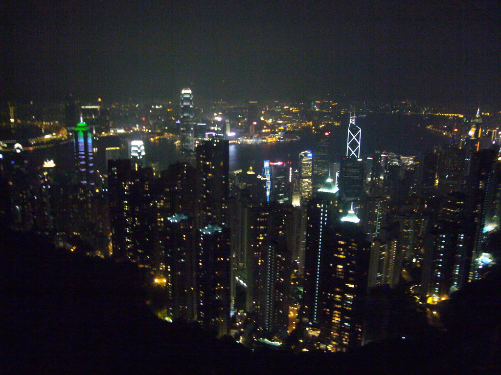 The skyline of Hong Kong and Kowloon with the Two International Finance Centre, the Bank of China Tower and the Central Plaza building, and Victoria Harbour, viewed from Victoria Peak, by night