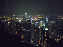 The skyline of Hong Kong and Kowloon with the Two International Finance Centre and the Bank of China Tower, and Victoria Harbour, viewed from Victoria Peak, by night