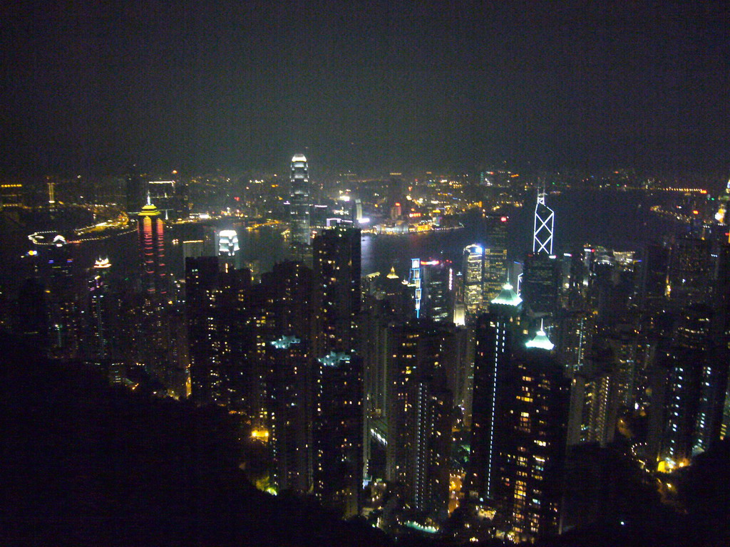 The skyline of Hong Kong and Kowloon with the Two International Finance Centre and the Bank of China Tower, and Victoria Harbour, viewed from Victoria Peak, by night