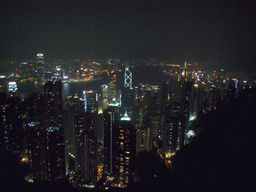 The skyline of Hong Kong and Kowloon with the Two International Finance Centre, the Bank of China Tower and the Central Plaza building, and Victoria Harbour, viewed from Victoria Peak, by night