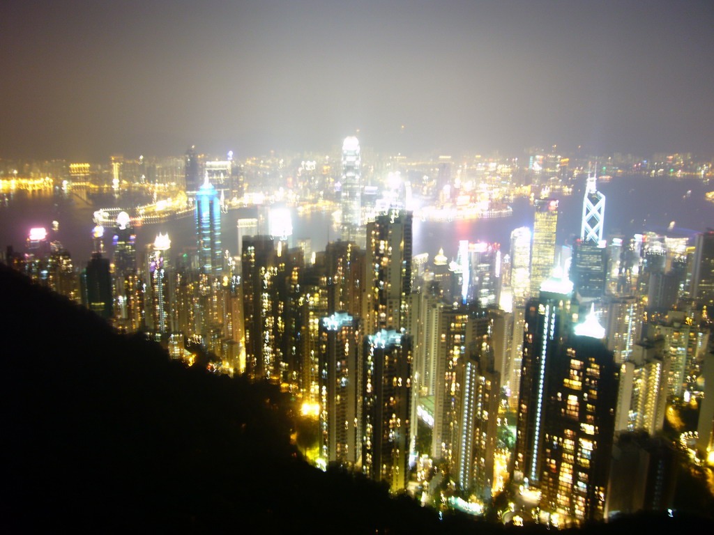 The skyline of Hong Kong and Kowloon with the Two International Finance Centre and the Bank of China Tower, and Victoria Harbour, viewed from Victoria Peak, by night