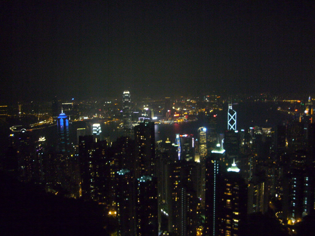 The skyline of Hong Kong and Kowloon with the Two International Finance Centre, the Bank of China Tower and the Central Plaza building, and Victoria Harbour, viewed from Victoria Peak, by night