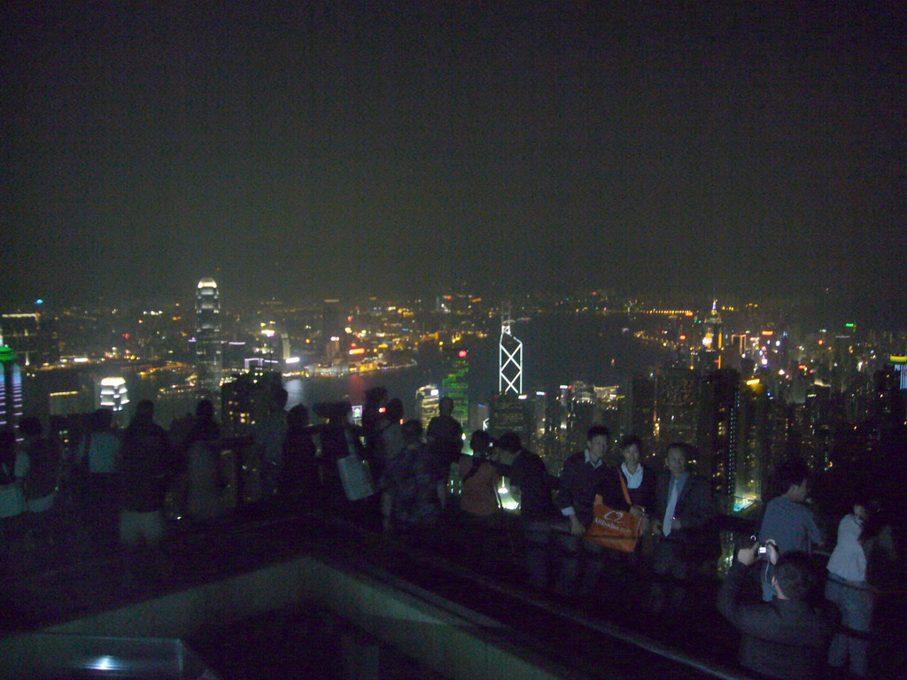 The skyline of Hong Kong and Kowloon with the Two International Finance Centre, the Bank of China Tower and the Central Plaza building, and Victoria Harbour, viewed from Victoria Peak, by night