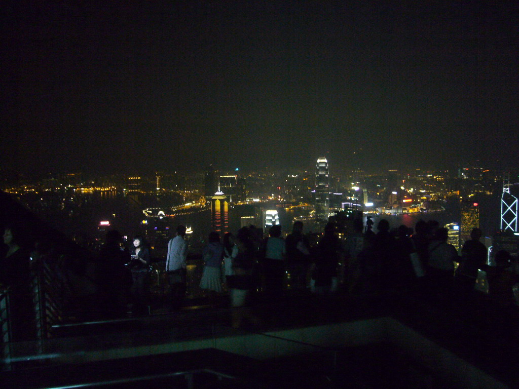 The skyline of Hong Kong and Kowloon with the Two International Finance Centre and the Bank of China Tower, and Victoria Harbour, viewed from Victoria Peak, by night