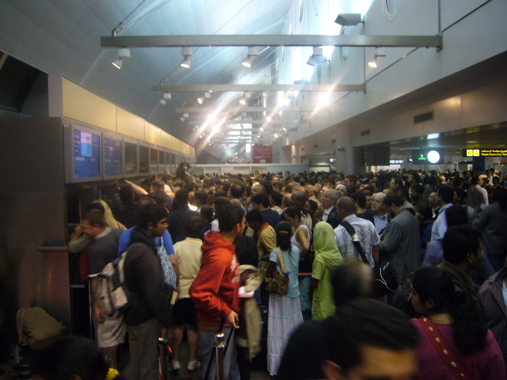 Stranded travellers at the Transit Hall of Dubai International Airport