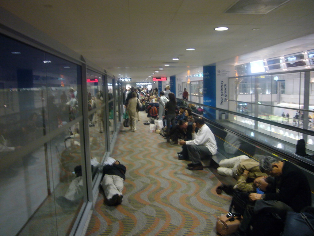 Stranded travellers at the Transit Hall of Dubai International Airport