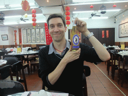 Tim with a Blue Girl beer in the Lin Heung Tea House at Wellington Street