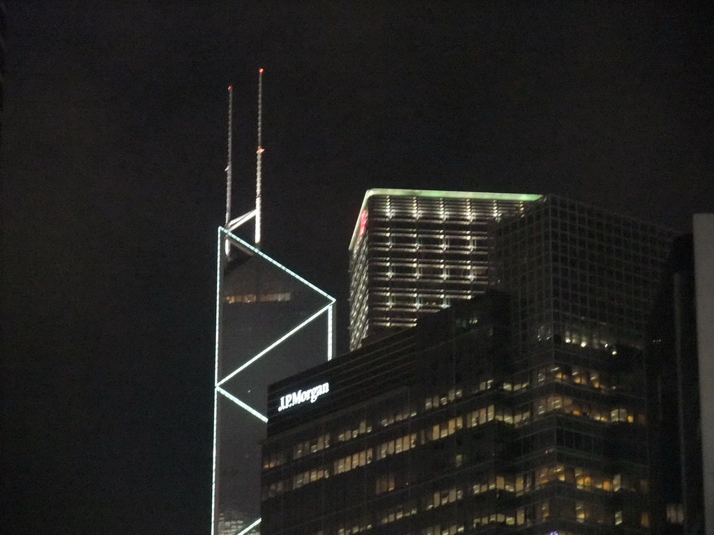 The Bank of China Tower, viewed from a pedestrian passage over Connaught Road, by night