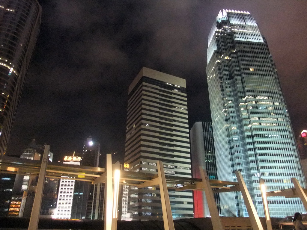 One International Finance Centre building and Exchange Square Block 3 building, viewed from the roof terrace of the IFC Mall, by night