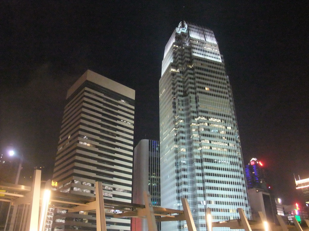 One International Finance Centre building and Exchange Square Block 3 building, viewed from the roof terrace of the IFC Mall, by night