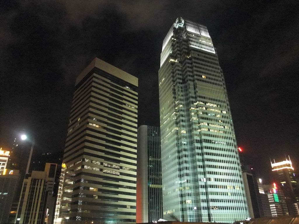 One International Finance Centre building and Exchange Square Block 3 building, viewed from the roof terrace of the IFC Mall, by night