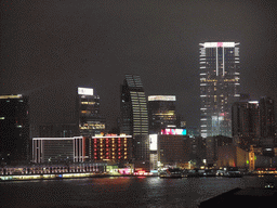 Victoria Harbour and the skyline of Kowloon, viewed from the roof terrace of the IFC Mall, by night