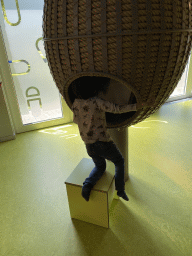 Max at an egg chair at the sensory room of the Houtopia recreation center