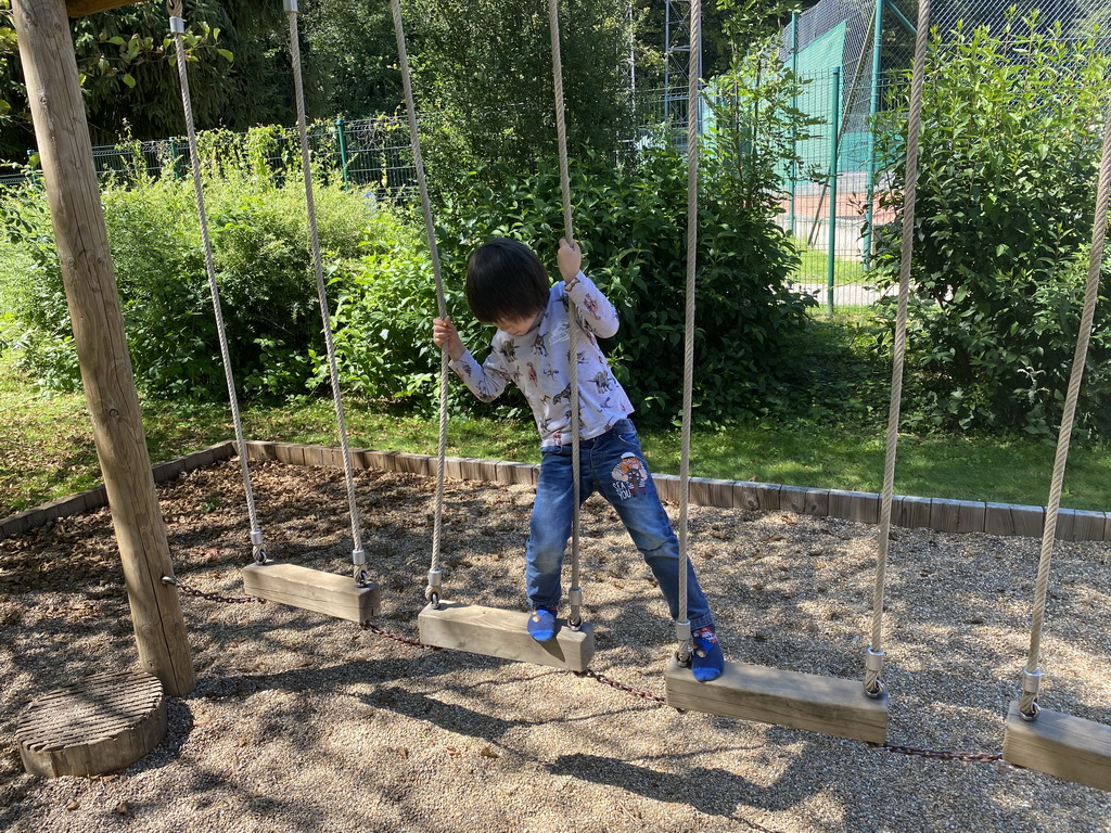 Max on a rope bridge at the playground of the Houtopia recreation center