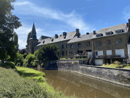 The Eastern Ourthe river and the Église Sainte-Catherine church, viewed from the minigolf court at the northeast side of the town