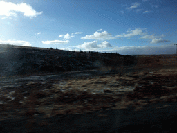 Hills and trees alongside the Suðurlandsvegur road, viewed from the rental car