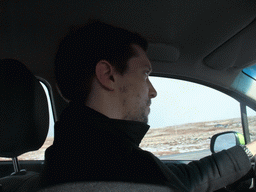 Tim in the rental car on the Suðurlandsvegur road