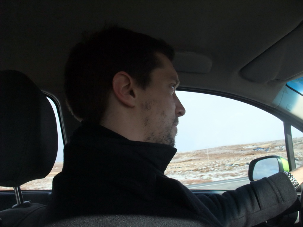 Tim in the rental car on the Suðurlandsvegur road