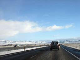 The Suðurlandsvegur road and mountains west of Hveragerthi, viewed from the rental car