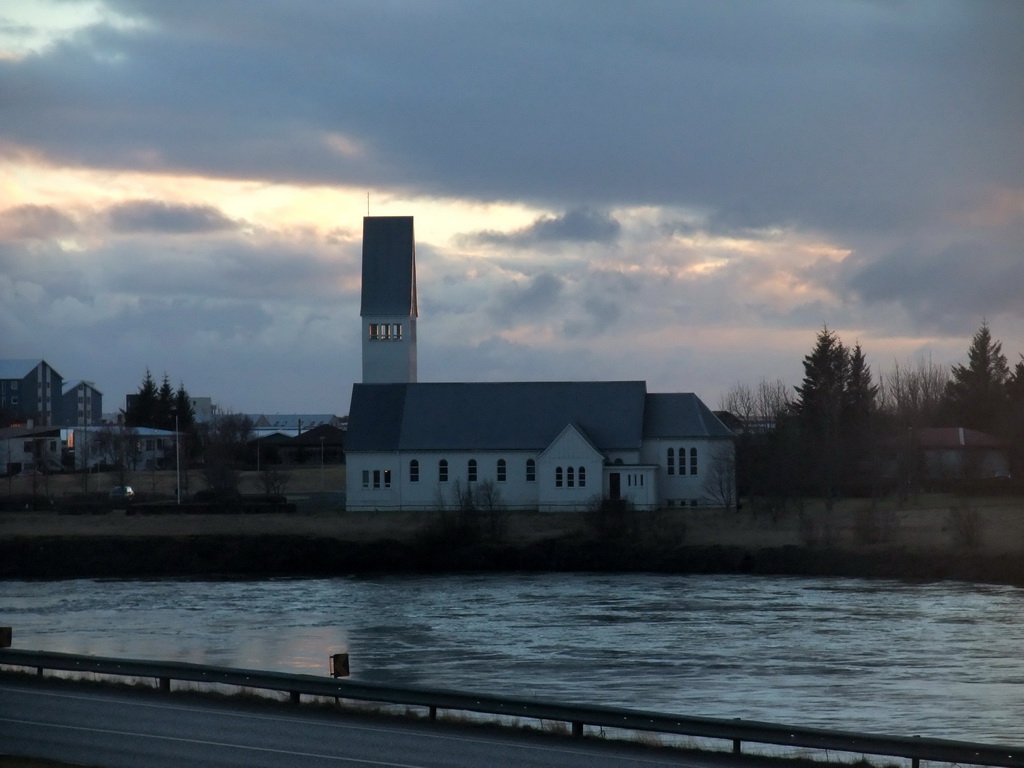The Selfoss Kirkja church in Selfoss, viewed from a parking place alongside the Suðurlandsvegur road