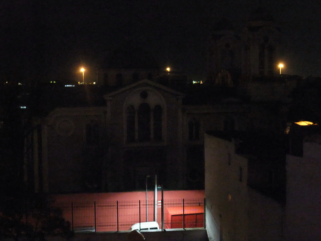 The Hagia Panaya Elida Greek Orthodox Church, from the window of our room in the Grand Liza Hotel, by night