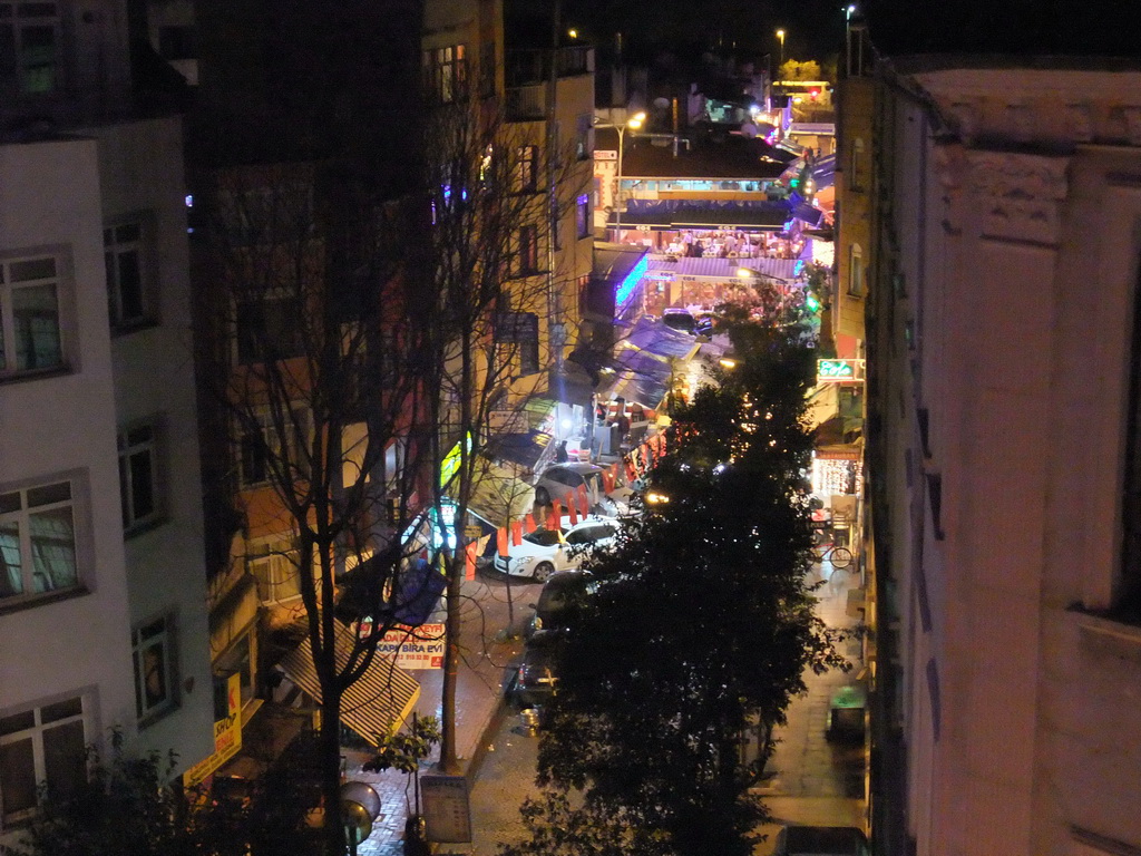 The Cap Ariz Sokagi street, from the window of our room in the Grand Liza Hotel, by night