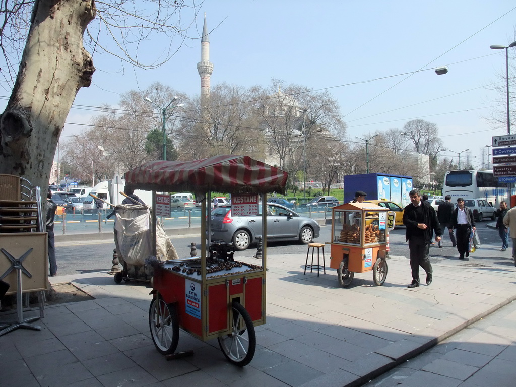 Food stalls at Ordu Caddesi street, and the Bayezid II Mosque