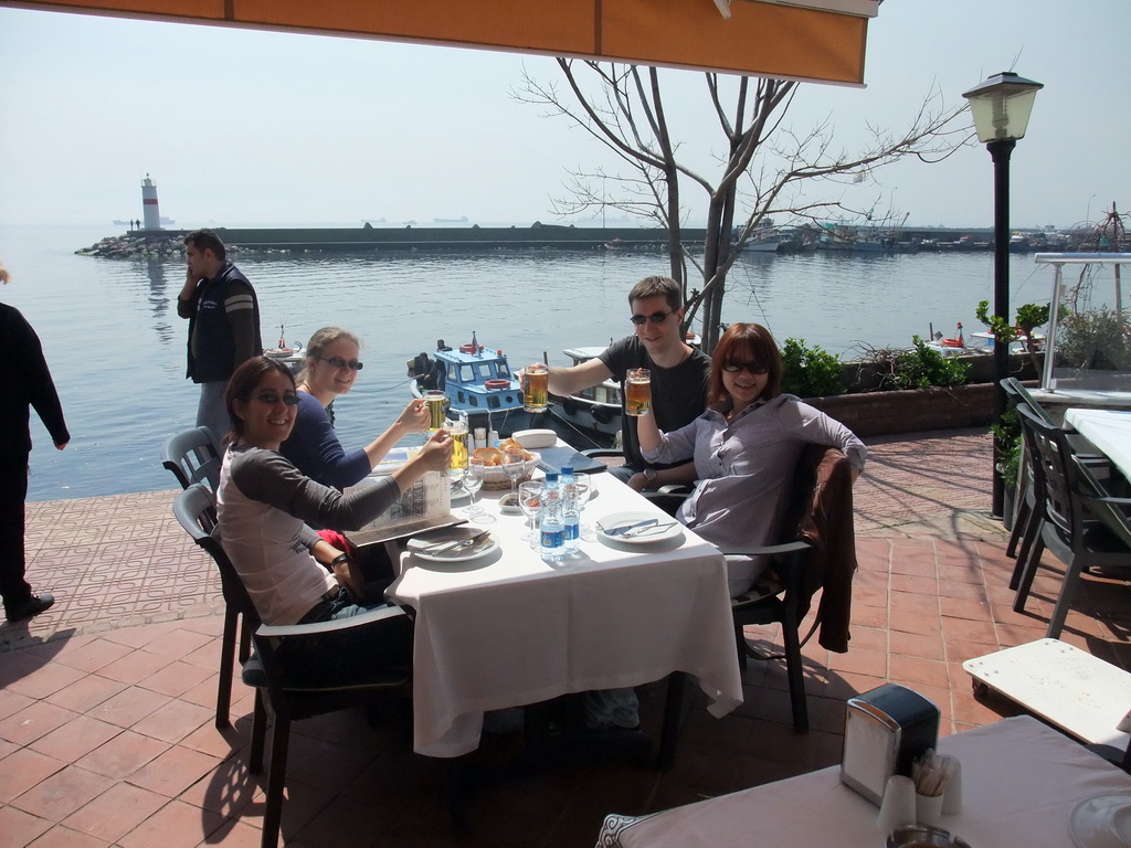 Tim, Miaomiao, Ana and Nardy with beers at Beyaz Restaurant