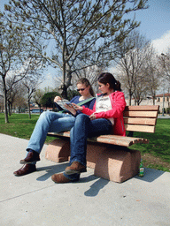 Ana and Nardy on a bench at Kennedy Caddesi street, at the seaside of the Eminonu district