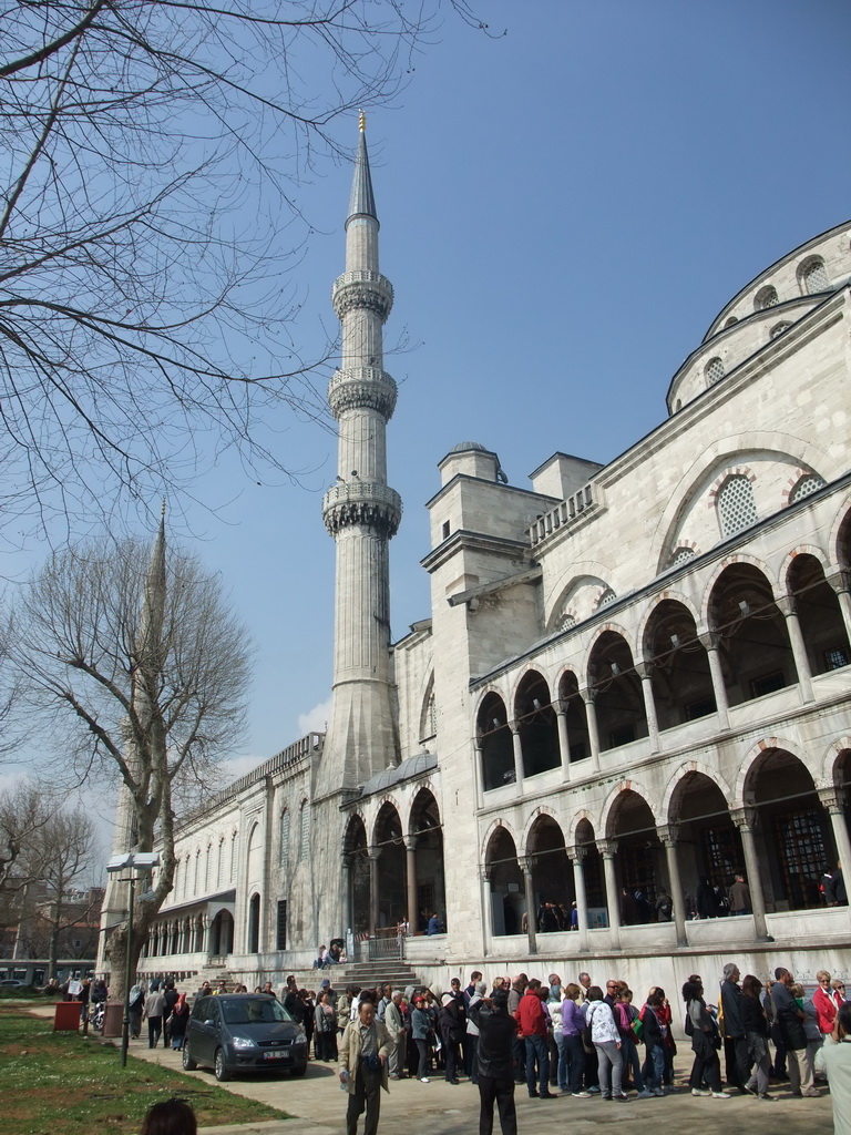 People in line at the entrance to the Blue Mosque