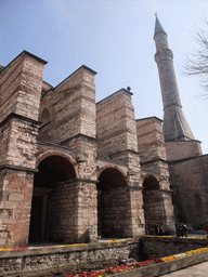 Left side and minaret of the Hagia Sophia and ruins of the Basilica of Theodosius II