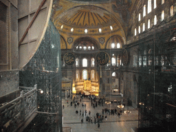 Interior of the Hagia Sophia, with the Sultan`s Loge, the Mihrab, the Minbar and Islamic calligraphy