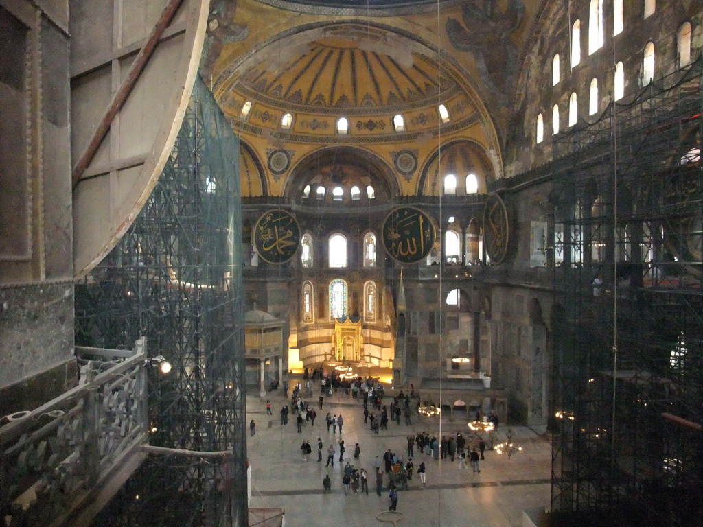 Interior of the Hagia Sophia, with the Sultan`s Loge, the Mihrab, the Minbar and Islamic calligraphy