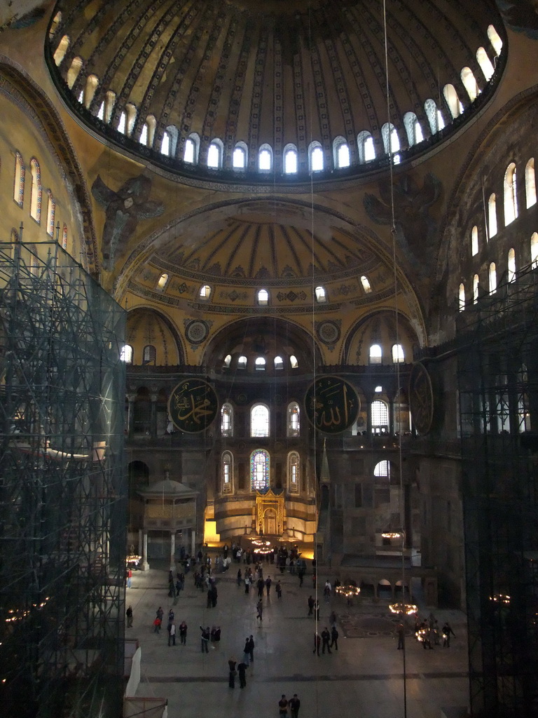 Interior of the Hagia Sophia, with the Sultan`s Loge, the Mihrab, the Minbar and Islamic calligraphy