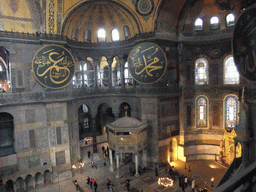 Interior of the Hagia Sophia, with the Sultan`s Loge, the Mihrab and Islamic calligraphy