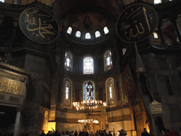 Interior of the Hagia Sophia, with the Sultan`s Loge, the Mihrab, the Minbar and Islamic calligraphy