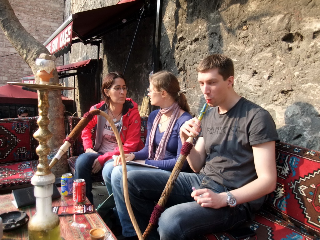 Tim, Ana and Nardy smoking waterpipe in Sogukcesme Sokagi street