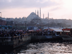 The Rüstem Pasha Mosque (Rüstempasa Camii), the Süleymaniye Mosque (Süleymaniye Camii) and a fish boat restaurant in the Golden Horn bay