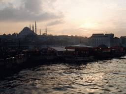 The Rüstem Pasha Mosque, the Süleymaniye Mosque and fish boat restaurants in the Golden Horn bay