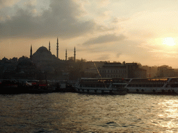 The Rüstem Pasha Mosque, the Süleymaniye Mosque and boats in the Golden Horn bay