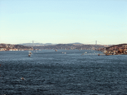 The Bosphorus Bridge over the Bosphorus strait, connecting the Besiktas and Uskudar districts, viewed from Topkapi Palace