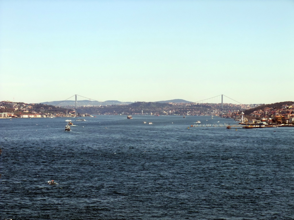 The Bosphorus Bridge over the Bosphorus strait, connecting the Besiktas and Uskudar districts, viewed from Topkapi Palace