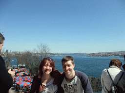 Tim and Miaomiao at the Fourth Courtyard of Topkapi Palace, with a view on the Bosphorus Bridge over the Bosphorus strait, connecting the Besiktas and Uskudar districts