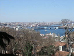 The Galata Bridge and the Atatürk Bridge over the Golden Horn bay, the New Mosque and the Fatih Mosque, viewed from the Upper Terrace of Topkapi Palace